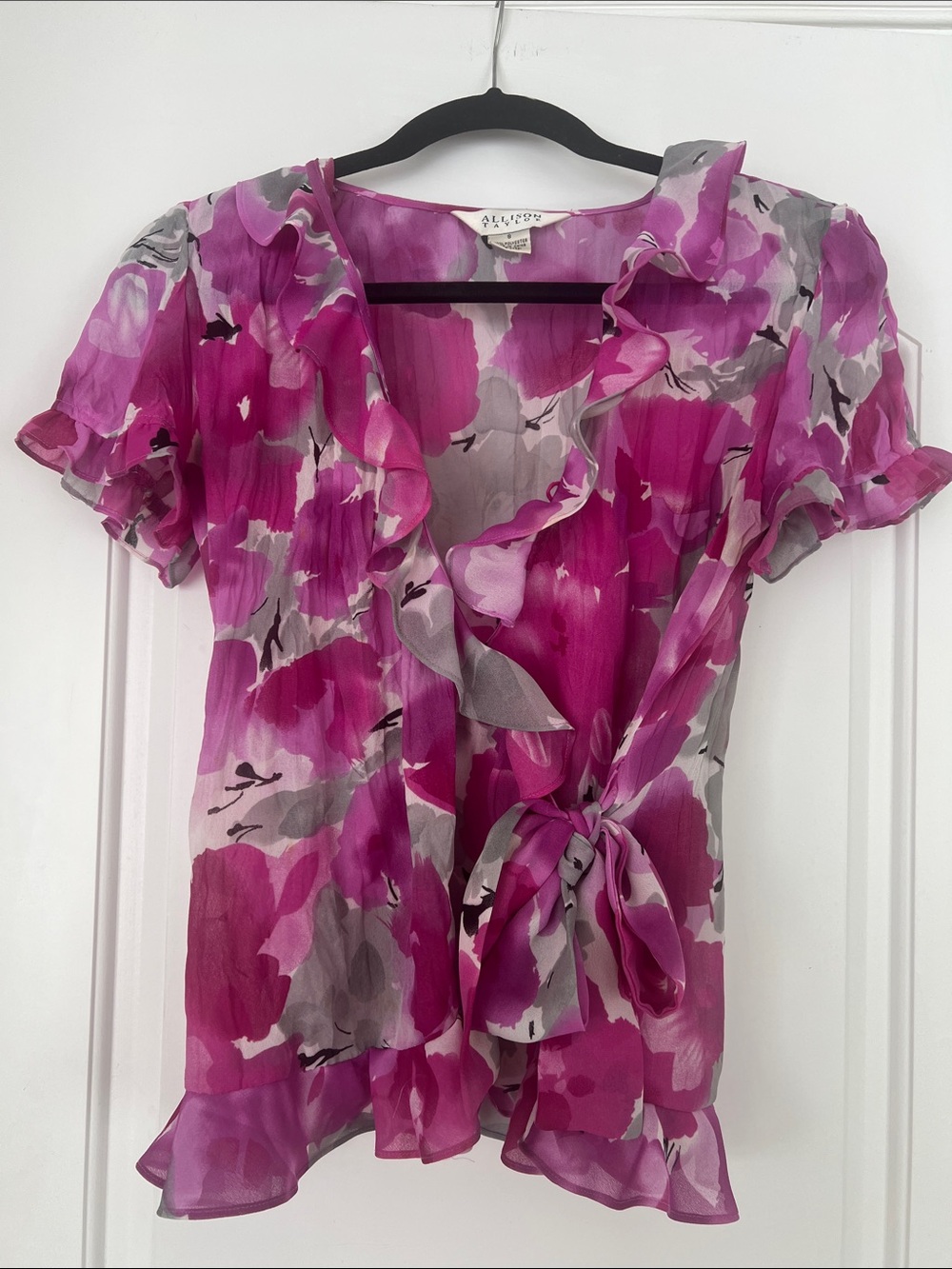 Allison Taylor Magenta Floral Ruffle Wrap Blouse